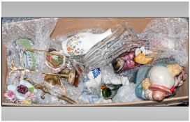 Box of Assorted Ceramics and Glass including vases, decanters, brass ware, ornaments etc