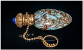 French Perfume Bottle with a pear shaped body, gold speckled adventurine glass, brass mounted with