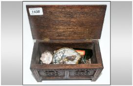 Small Wood Coffer Box, together with assorted collectables including doll, costume jewellery, pen