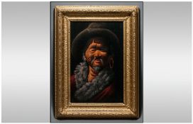 Pastel Portrait On Canvas Board Of Mongol Warrior, Housed in quality early 20th century gilt frame.