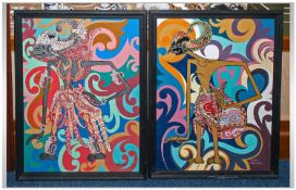 Pair of Abstract Bali Framed Paintings on Canvas. `Puppet Scenes` . Titled `Gatotkaca` Signed and