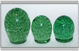 Victorian Set of Three Glass Dumps, Graduated Sizes and Green Colour way. All In Good Condition.