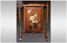 Edwardian Oak Fire Screen, painted to the centre with roses in oil. 36x26``