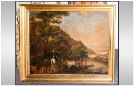 Continental Painting On Canvas Depicting Horsemen & Cattle At A Crossing With An Italianate