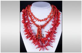 Vintage Coral Necklace, 4 in total. Plus a pair of coral earrings. Various sizes. 166.1grams.