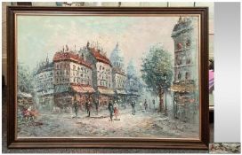 Framed Oil On Canvas, depicting a French street scene. Signed Burnett lower left. Size including