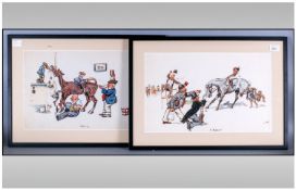 Pair Of Water Colour Cartoons depicting jockeys on horseback in hilarious poses with attendances.