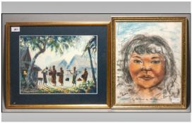 Two Asian Watercolours  both signed. Female portrait & village scene. 14.5x11.5`` & 10.5x14``