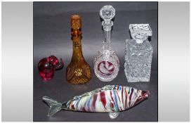 Collection of Ceramics comprising three glass decanters, Murano fish glass figure and elephant