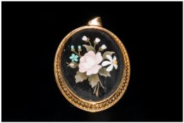 Victorian Pietra Dura Hard Stone Floral Pendant, Glazed Compartment For Hair, Etruscan Style Gold