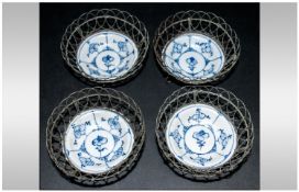 4 German Dresden Blue And White Bonbon Dishes With Applied Wirework Frame, Possibly Meissen 18th/