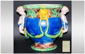 A Late 20th Century Minton Style Majolica Figural Handle Large Jardiniere. unmarked 9`` in