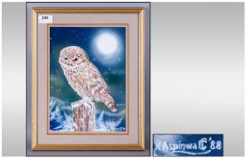 A Framed Watercolour of an Owl on a Branch.(Winter Scene). 8.5 inches x 12 inches.