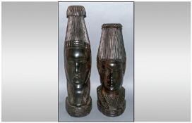 Pair Of African Ebony Busts of tribal elders. 18`` & 15`` in height.