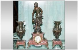 Late Victorian Spelter Garniture Set with pair of vases, bronze finish with floral swag handles on