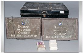 Old Metal Deed Box containing over 20 residue notes with one penny violet stamps & two bronze