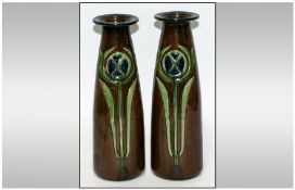 Art Nouveau Pair of Belgian Majolica Vases, each of tapering column form, incised with stylised