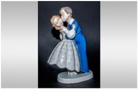 Bing and Grondahl Danish Ceramic Figure of a Young Boy Kissing a Young Girl. Marks for 1950`s.