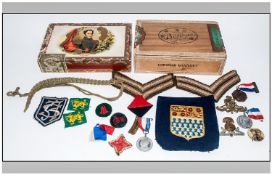 Assorted Collectables including silk cigarette cards, army stripes, badges etc