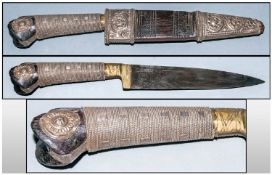 19thC Persian Steel Dagger And Scabbard, Ebony Hilt With Wire Grip, White Metal Embossed Mounts,