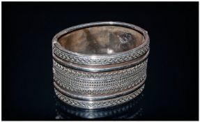 Silver Hinged Broad Cuff Bangle, The Front With Applied Geometric Bands, Apparantly Unmarked Tests