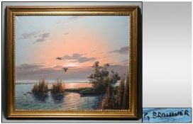 Framed Oil on Canvas `River Landscape at Sunset`. Signed lower left. Gilt Frame. 23 by 19 inches.