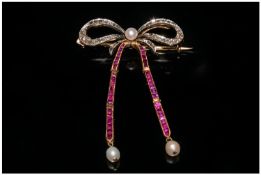 Victorian Bow Design Diamond And Ruby Brooch, Diamond Set Bow With Central Pearl, Two Calibre Ruby