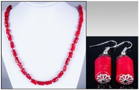 Long Beaded Necklace Together With Matching Drop Earrings On 925 French Wire, Coral, Length 33``