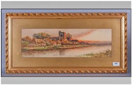 Watercolour Of A River Landscape At Eden Tide with church, houses  & river front. Gilt frame &