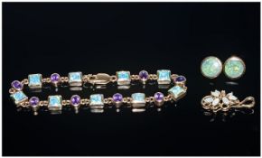 9ct Gold Opal And Amethyst Bracelet Stamped 375 Together With A Pair Of Round 9ct Gold Opal