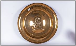 Large Brass Plaque With A Central Embossed Bass To The Centre Of An Heraldic Rampant Lion, Dutch or