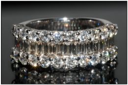 18ct White Gold Diamond Ring, Central Row Of 20 Baguette Cut Diamonds Between Two Rows Of 24 Round