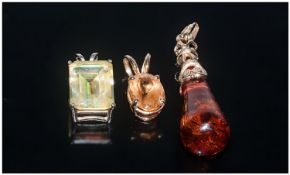 9ct Gold Amber Pendant Drop Fully Hallmarked, Plus 2 Other Gem Set Pendants Both Unmarked.