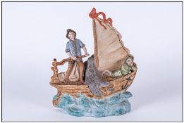 German Bisque Figure Group Depicting A Sailing Boat With Two Figures.