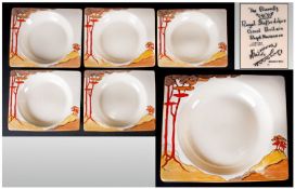 Clarice Cliff Art Deco Hand Painted Set Of Six Bizarritz Shaped Dessert Bowls `Coral Firs` Pattern.