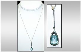 Art Deco 9ct White Gold Set Emerald Cut Aquamarine & Pearl Pendant Drop fitted in an integral 9ct