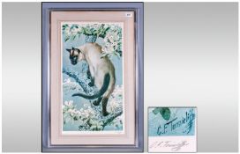 Charles F Tunnicliffe (Born 1901) lived Macclesfield. Portrait Of A Siamese Cat On a Branch Of An