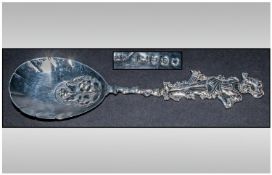 Dutch Fine Silver Figural Handled Preserve Spoon. Hallmark London 1893 with import silver mark to