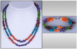 Multi Gemstone Necklace and Bracelet Set, both pieces comprising sections of Russian diopside(