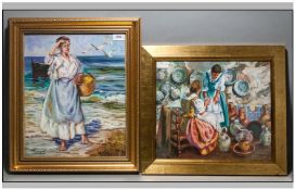 20th Century Spanish School Oil Paintings On Canvas, Fisherwoman On Beach And Interior Of Pottery