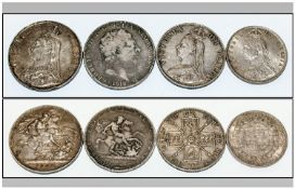 A Collection Of Victorian & Georgian Silver Crowns & Coins, 4 in total. Comprising George III crown