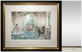 Russell Flint Signed Print With Embossed Stamp, featuring nude lady about to bathe. 26.5x19``,