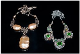 Two Early Mid 20th Century Necklaces, one with bezel set emerald glass stones with pink, pale