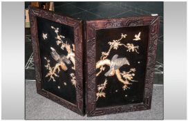 Japanese Two Panel Screen Decorated With Eagles Perched On Branches with carved ivory & mother of