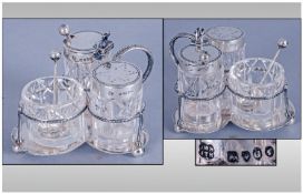 Victorian Excellent Silver & Glass Small Three Piece Cruet Set & Stand. Hallmark London 1855. Makers