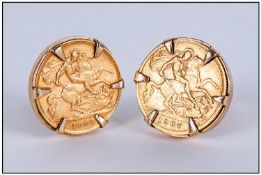 Edward VII Gents Pair Of 22ct Gold Half Sovereign Cufflinks. Set in 9ct gold mounts. Dates 1907.