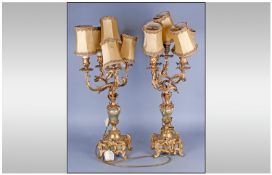 Pair French Ormalu and Onyx Canderlabra, of Rococco Form with Five arms terminating in Shaped