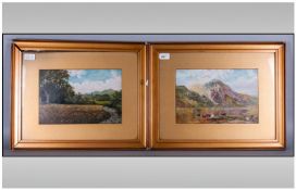 Pair Of Sylvester Crook Two Framed Oils On Board Highland Cattle Landscape & Country Village