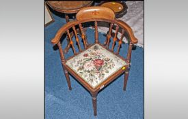 Small Edwardian Mahogany Corner Chair, with inlay stringing & upholstered seat. On round tapering