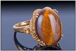 Tiger Eye and Citrine Statement Ring, large oval cabochon cut tiger eye of 14.75cts, with double